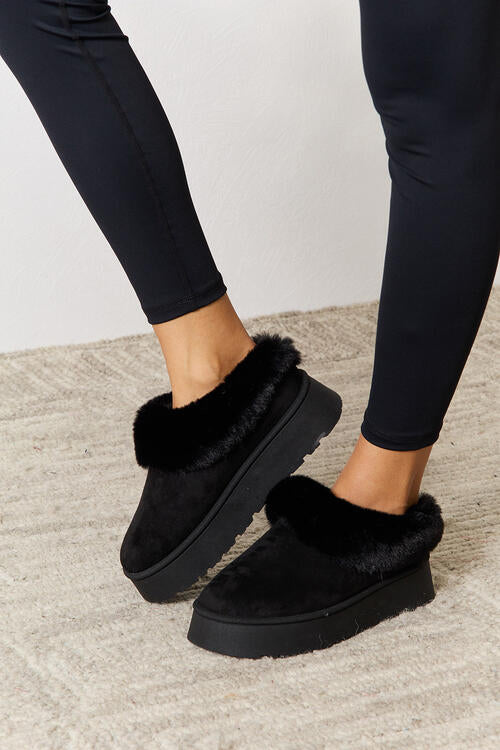 Black Furry Chunky Platform Ankle Boots