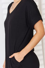 Rolled Short Sleeve V-Neck Dress - black