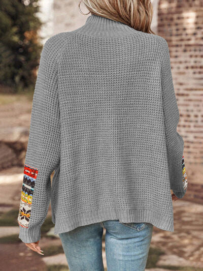 Geometric Turtleneck Long Sleeve Slit Sweater