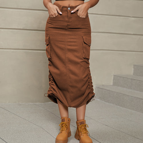 Sahara Drawstring Ruched Slit Denim Midi Skirt