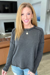 Textured Line Boat Neck Long Sleeve Top in Charcoal