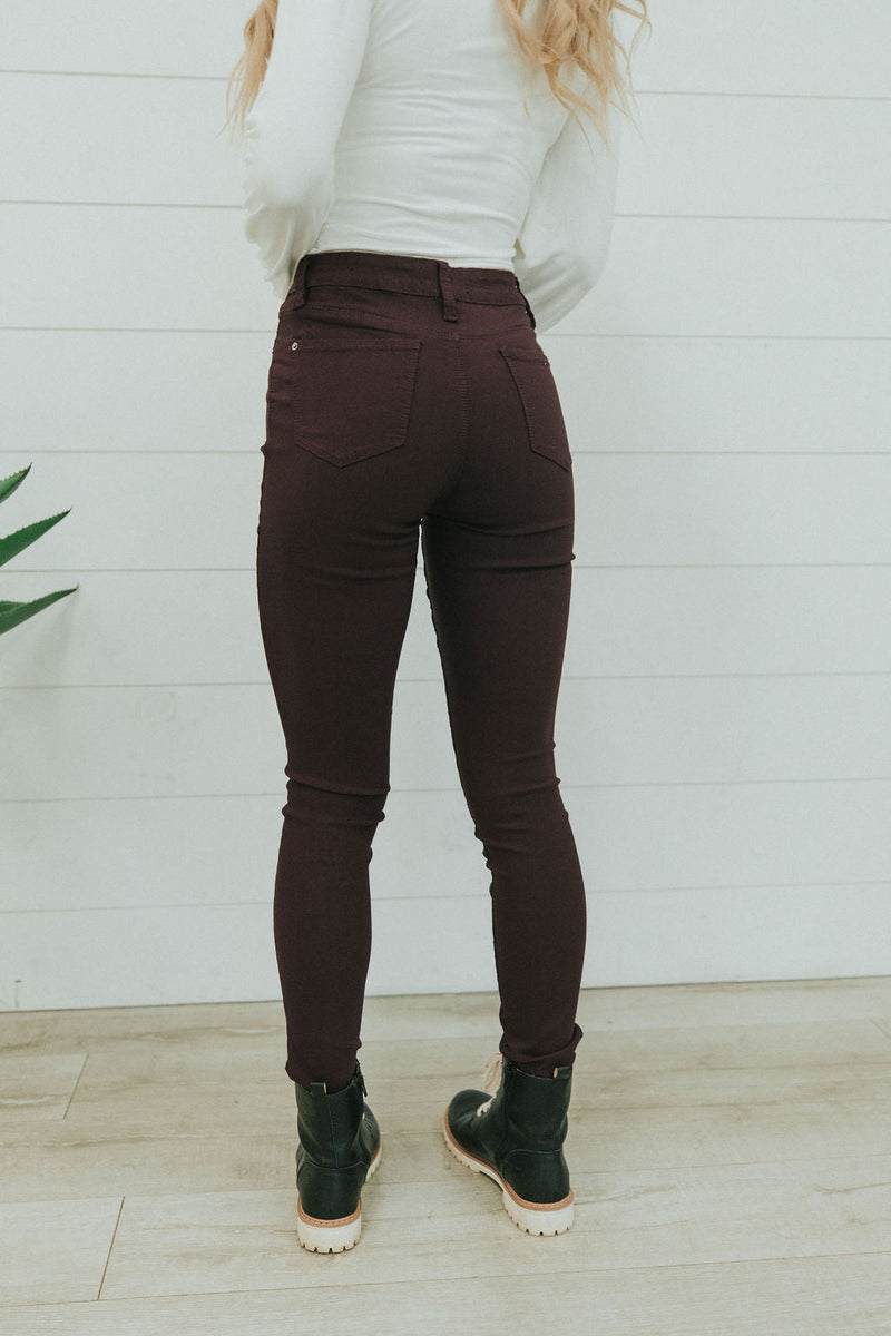 Step Right Up Hyper-Stretch Skinny Jeans - Plum