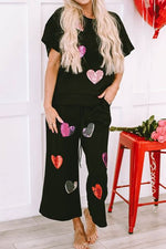 Heart Sequin Short Sleeve Top and Drawstring Pants Lounge Set